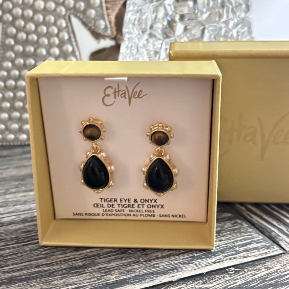 Gold and Black Tiger Eye & Onyx Earrings